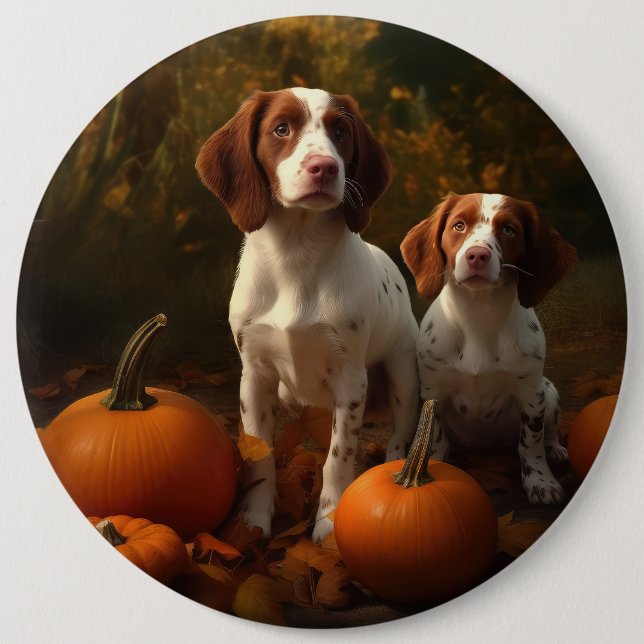 Brittany Spaniel Valp Höstglädje Pumpa Knapp (Framsida)