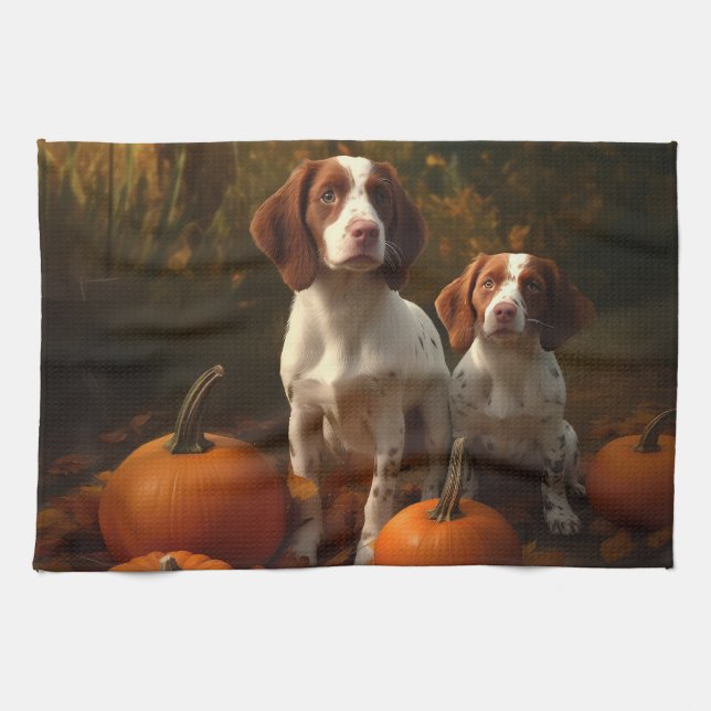 Brittany Spaniel Valp Höstglädje Pumpa  Kökshandduk (Horisontell)