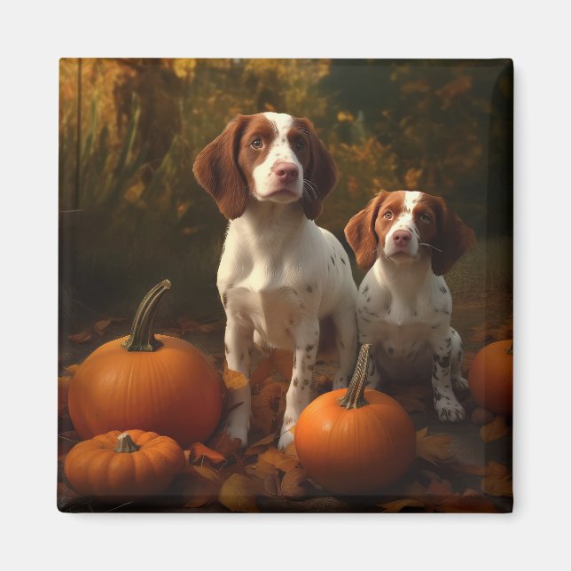 Brittany Spaniel Valp Höstglädje Pumpa  Magnet (Framsidan)
