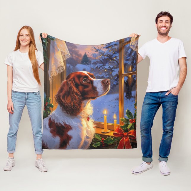 Brittany Spaniel with Christmas Lights Holiday  Fleecefilt (På plats)