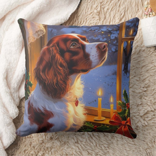 Brittany Spaniel with Christmas Lights Holiday  Kudde (Filt)