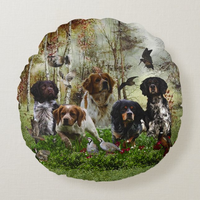 Brittany Spaniels,   Fågeljakt Rund Kudde (Framsidan)