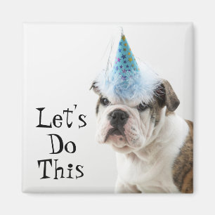 Brittisk bulldoggvalp som ha på sig en partyhatt magnet