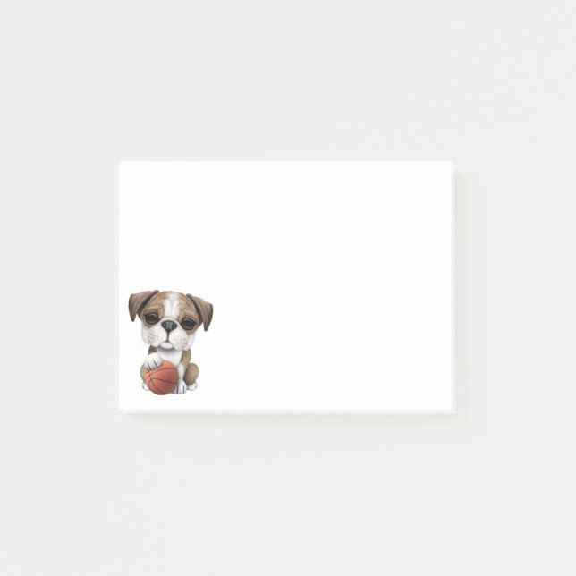 Brittisk bulldoggvalp som leker med basket post-it block (Framsida)