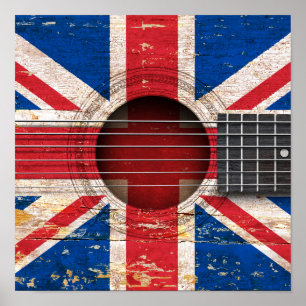 Brittisk flagga på den gammala akustiska gitarren poster