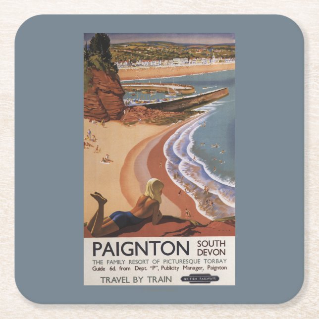 Brittisk järnvägflicka som tittar över en klippa underlägg papper kvadrat (Framsidan)