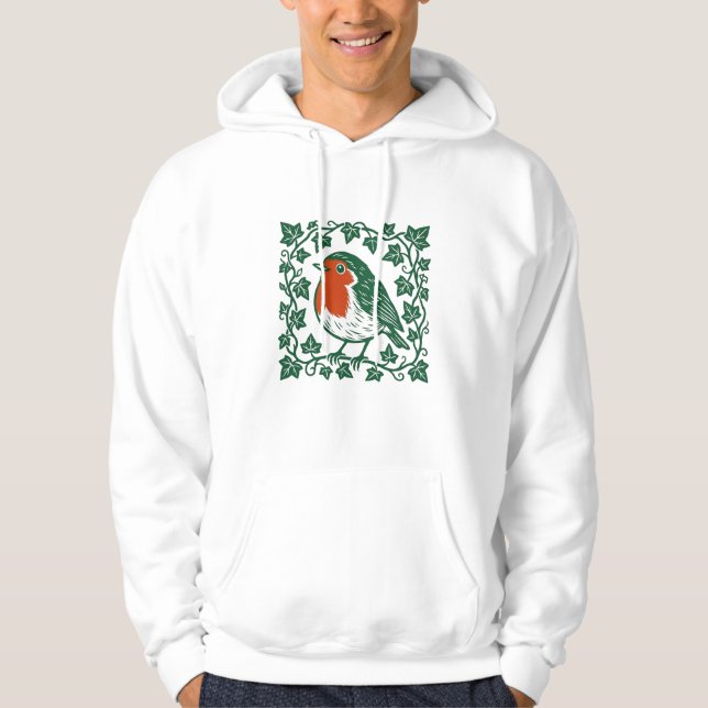 Brittisk Rödhake Linocut Murgrönsdesign Hoodie (Framsida)