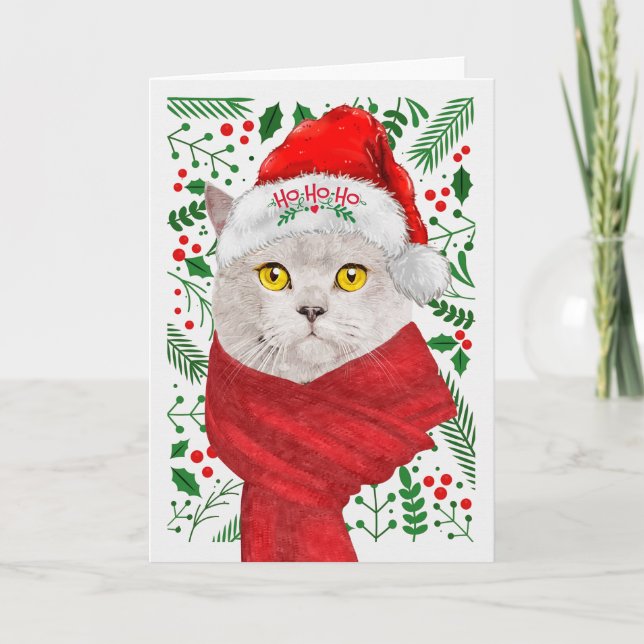 Brittisk Shorthair Cat Santa Hat Meowy jul Helgkort (Framsida)