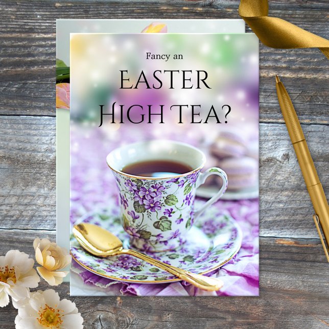 Brittisk stil High Tea eller påskbrunch-inbjudan Inbjudningar (British style Easter brunch or High Tea invitation featuring a colorful tea and spring tulip flowers)