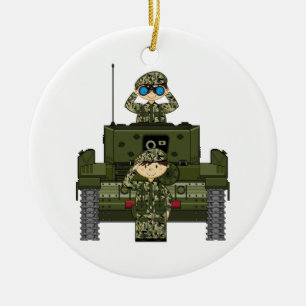 Brittiska armésoldater och tankprydnad julgransprydnad keramik