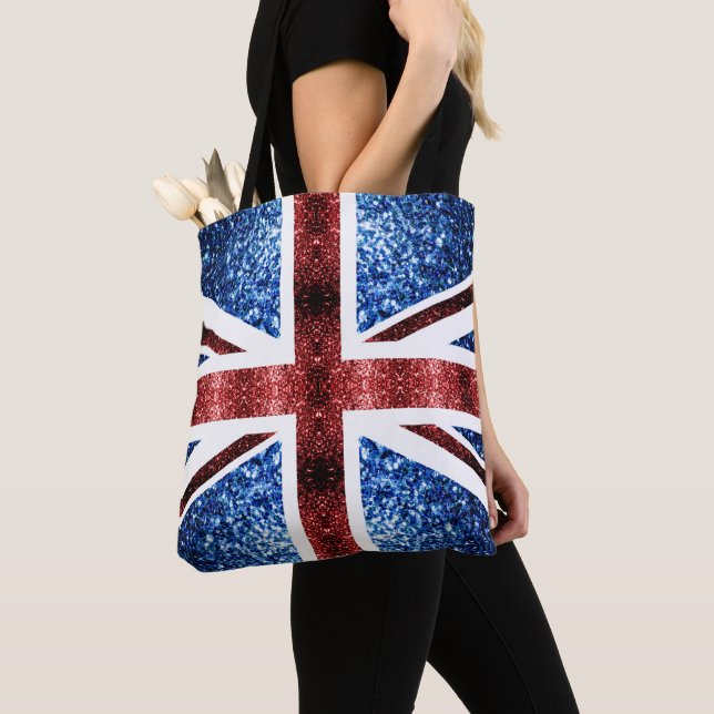 Brittiska flagga - röda och blå gnistor glitter tygkasse (Närbild)