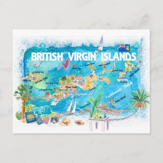 Brittiska Jungfruöarna Illustrated Travel Karta Vykort (Framsida)