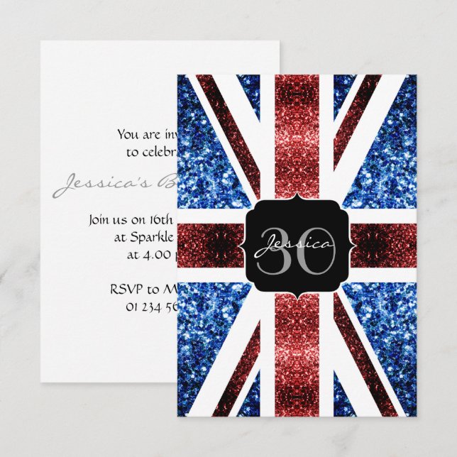 Brittiska rödblåskärmsglitter glitter Monogram Inb Inbjudningar (Fram/baksida)