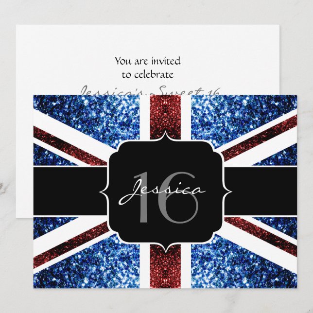 Brittiska rödblåsparkler glitter Sweet 16 inbjudan (Fram/baksida)