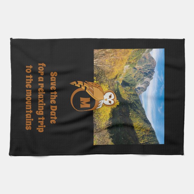 Brittiska Uggla-gäster på monogram äggfoto Kökshandduk (Horisontell)