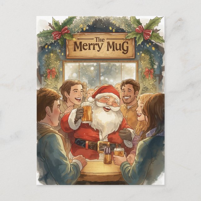 Brittiskt julkort med Tomte på Pub Helg Vykort (Framsida)