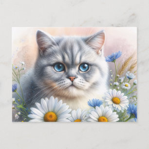 Brittiskt korthår kattporträtt med blommor vykort