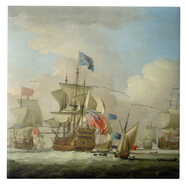 Brittiskt Manar-av-Krig och en Sloop, c.1720-30 Kakelplatta (Framsidan)