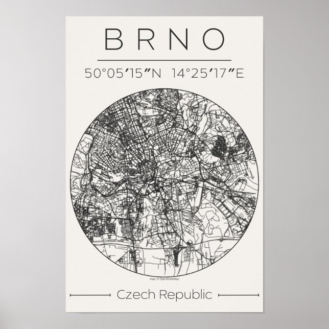 Brno City Map Poster – Minimal Charcoal Design (Framsidan)