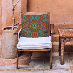 Brnt Red Ochre Teal Rustic Boho Geometric Mönster Kudde