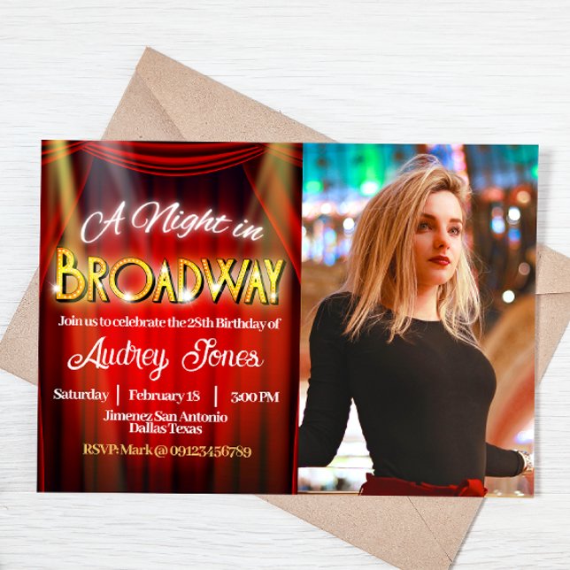 Broadway Birthday med Photo Inbjudningar (Broadway Landscape Invitation with Photo)