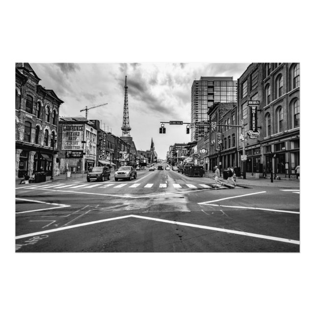 Broadway in Nashville Tennessee Black & White Fototryck (Framsidan)