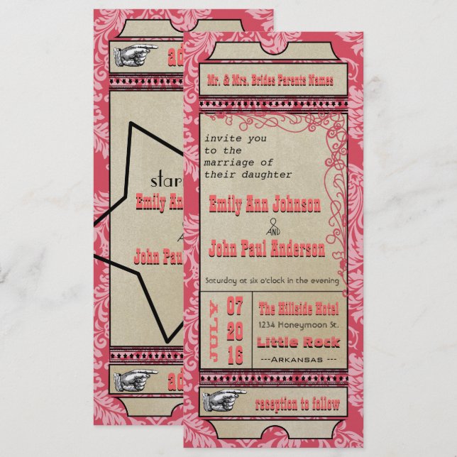 Broadway Playbill Biljett Bröllop Hallon Rosa Inbjudningar (Fram/baksida)