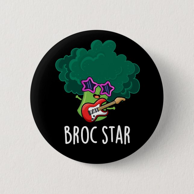 Broc Star Funny Brocolli Rockstjärna Pun Mörk BG Knapp (Framsida)