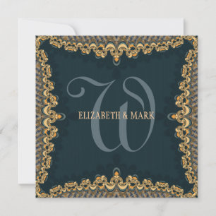 Brocade Monogram Teal & Guld bröllop bjudande Inbjudningar
