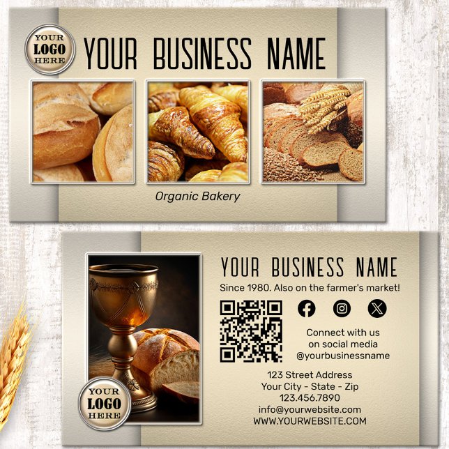 Bröd Bakery QR-kod Foto Sociala Medier Visitkort (Bread bakery business card featuring your custom images on a stylish design in light earth colors)