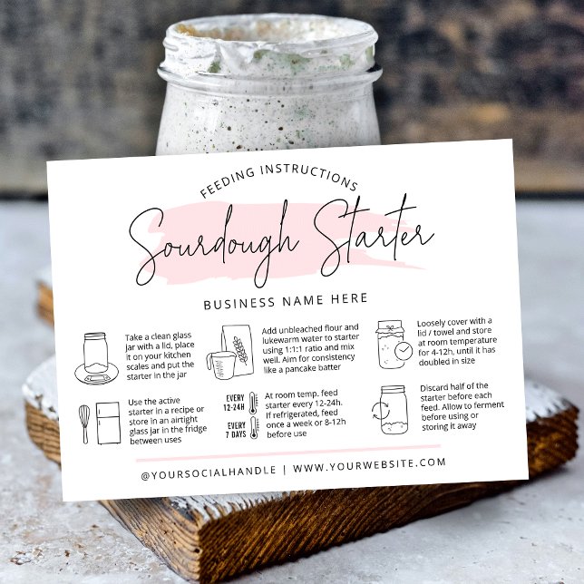 Bröd för guiden Mata instruktionsbok för Sourdough Visitkort (Trendy sourdough starter instructions cards with icons, modern pink watercolor design and your logo)