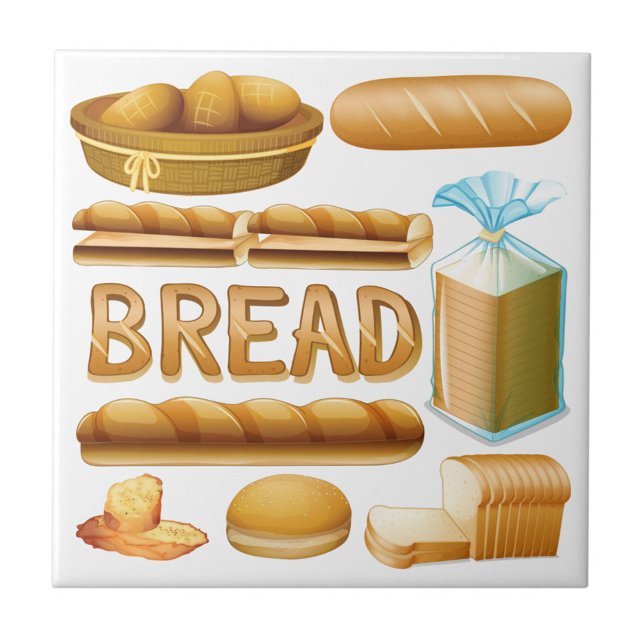 Bröd Kakelplatta (Illustration of a variety of breads, including a basket of rolls, a loaf of bread, sliced baguettes.)