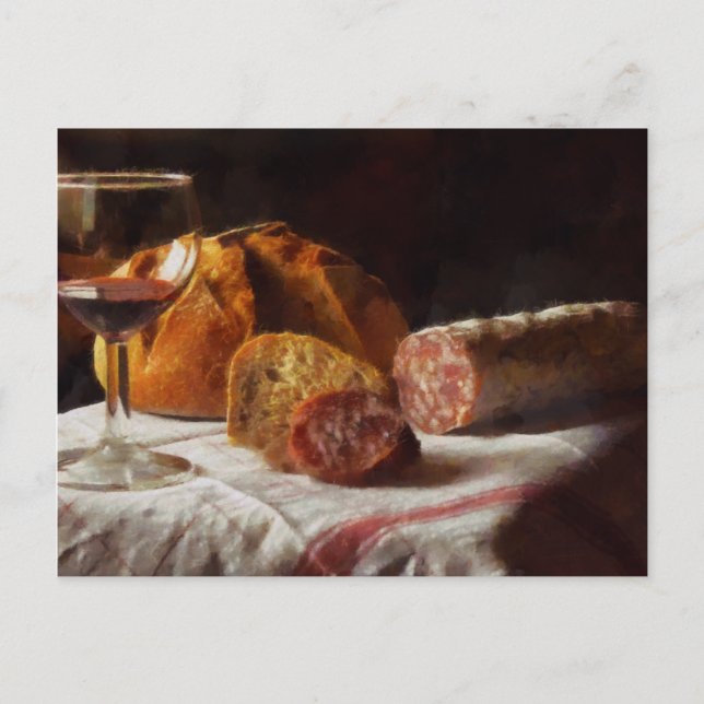 Bröd, vin och salami vykort (Framsida)
