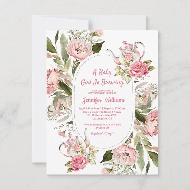 Bröda botaniskt te party babydusch för flicka inbjudningar (Framsida)