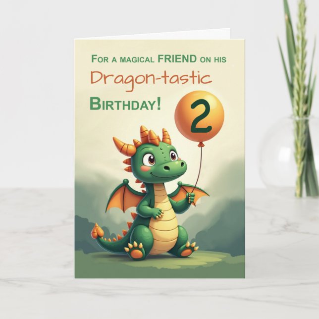 Broder 2:a födelsedag Cute Dragon Holding Balloon Kort (Framsida)