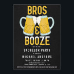 Bröder och Sprit Kraftig Beer Stek Avskedsfest för Inbjudningar<br><div class="desc">Denna coola och roliga bröllops- och svensexepartaj-inbjudan är perfekt för killarna. Den har gula,  vita och blå handmålade ölkrus som skålar med texten "Bros and Booze" ("Bröder och sprit") på en svart abstrakt mönstrad bakgrund. Den är modern,  manlig och rolig; den perfekta designen för dina bröder.</div>