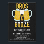 Bröder och Sprit Kraftig Beer Stek Bakbröllop Inbjudningar<br><div class="desc">Denna coola och roliga bröllopsinbjudan till siterfest är perfekt för killarna. Den har gula,  vita och blå handmålade ölmuggar som skålar med texten "Bros and Booze" ("Bröder och sprit") på en svart abstrakt mönstrad bakgrund. Den är modern,  manlig och rolig; den perfekta designen för dina bröder.</div>