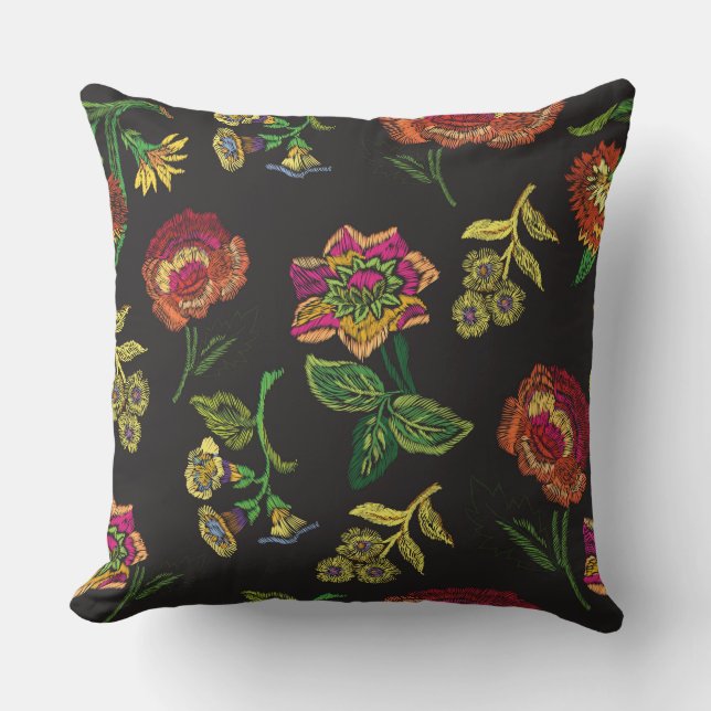 broderad blomma på svart bakgrund kudde (Framsida)