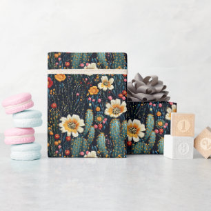 Broderad blommande kaktus på svart presentpapper