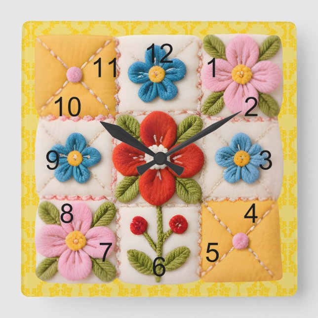 Broderad blommönstrad lapptäcke fyrkantig klocka (Framsida)