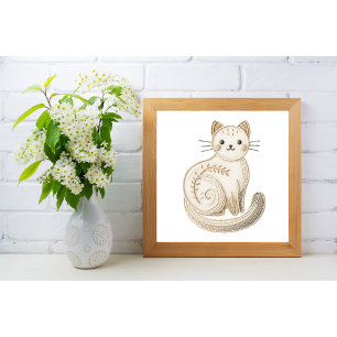 Broderad Boho Katt Poster Neutral Minimalistisk