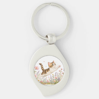 Broderad kattunge jagar fjäril i vildblomma swirl silverfärgad nyckelring