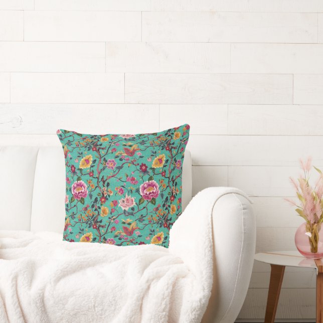 Broderad look chinoiserie turkos kudde (Soffa)