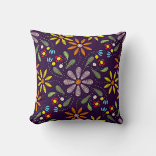 Broderad röd gul orange rosa grön blomster kudde