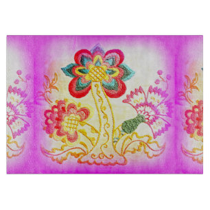 broderad rosa palmträdexponeringsglasskärbräda