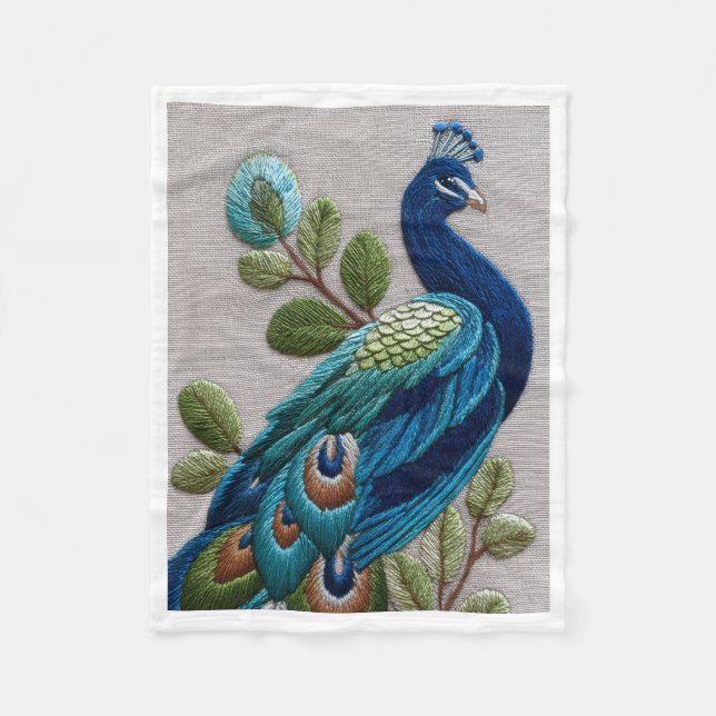 Broderad stil Påfågel och blad fleecefilt (Framsidan)