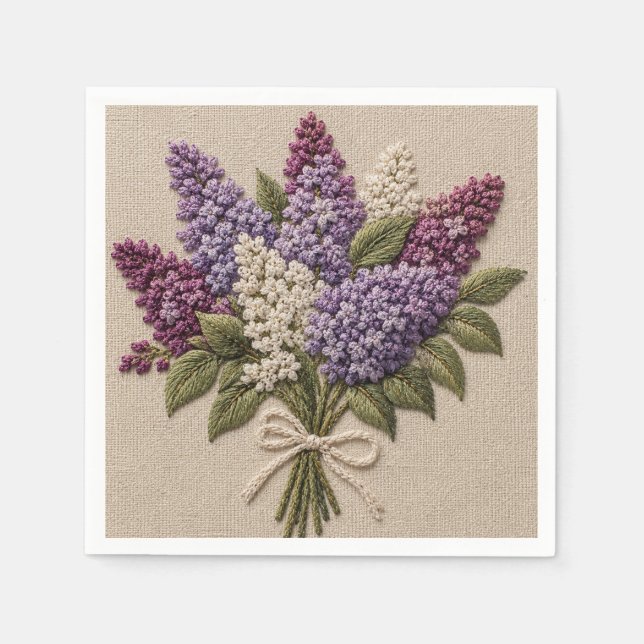 Broderad Syrliljebukett – Falskt Broderi Linne  Pappersservett (Framsidan)
