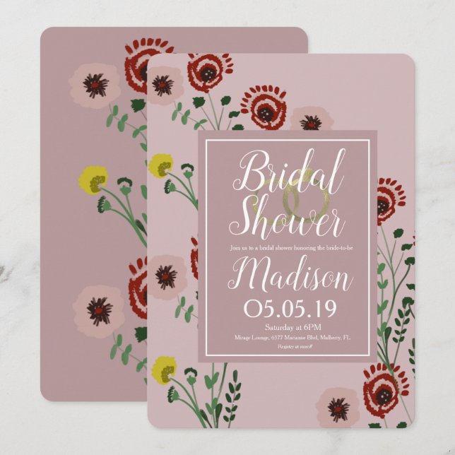 Broderade blombröllopsdusch vintage-folie-ringar inbjudningar (Fram/baksida)