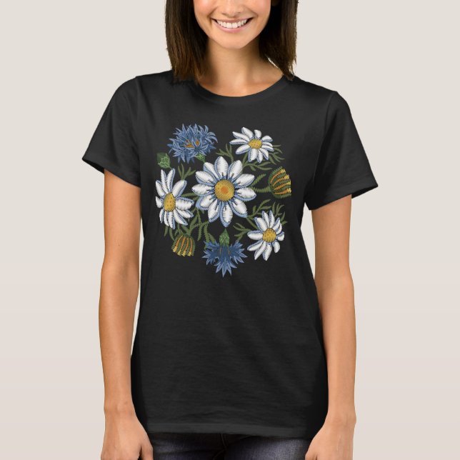 Broderade daisyblommor och blåklint tee shirt (Framsida)