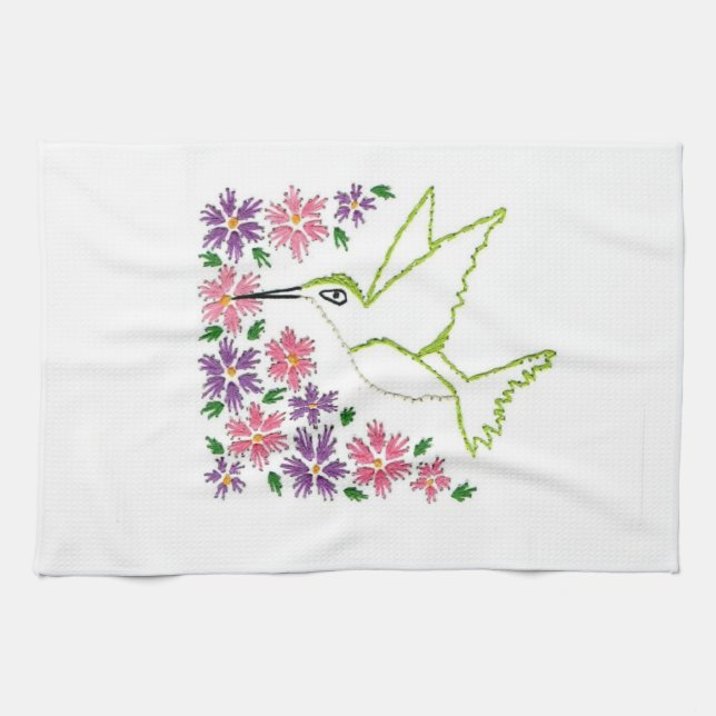 Broderade hummingbird-/blommahanddukar kökshandduk (Horisontell)